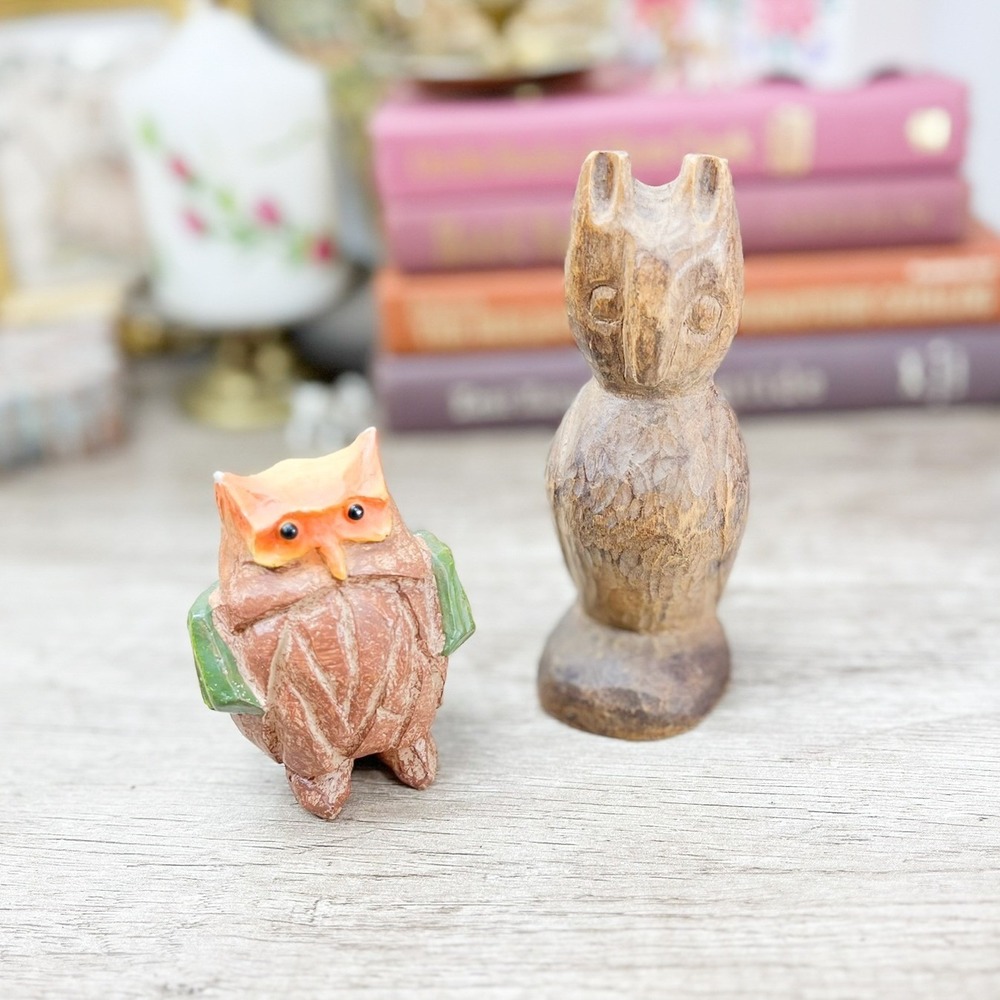 Vintage Hand Carved Wood Owl Figurines Set of 2 Folk Art Rustic Bird Sculptures